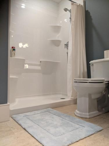 a bathroom with a toilet and a shower and a rug at Mountain House of Wonder in Qualicum Beach