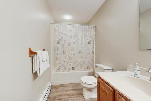 a bathroom with a toilet and a shower curtain at North Conway Townhouse 3H in North Conway
