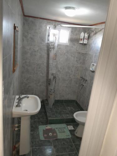 a bathroom with a sink and a toilet at Cabañas Aires de Campos in Colón