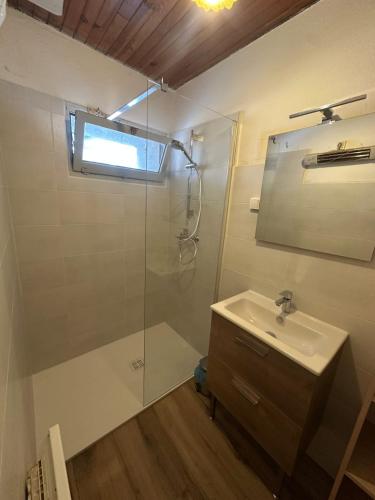 une salle de bain avec douche et lavabo dans l'établissement La grangette, à Ajoux