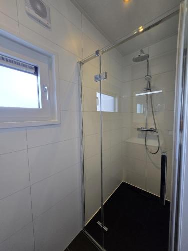 a shower with a glass door in a bathroom at Waddenlodge Deluxe in Harlingen