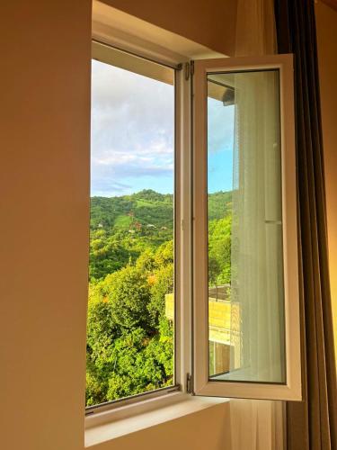 a window with a view of a green forest at Гостевой дом Руслан in Batumi