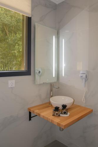 a bathroom with a sink and a mirror at Cabañas Compostela - Cabaña A Fervenza in Santiago de Compostela