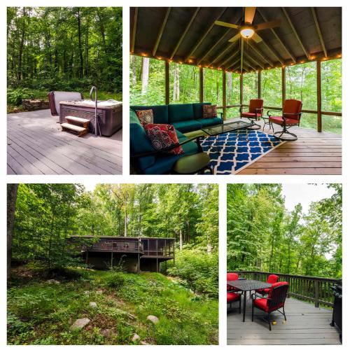 a collage of four pictures of a screened in porch at Secluded Oasis w Hot Tub, Screened-in Porch, WiFi! in Berkeley Springs