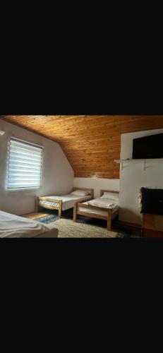 a room with two beds and a table and a window at Anelora House in Gladno Polje