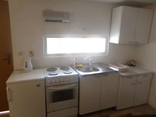 una cucina con un lavandino, un fornello e una finestra di Green River Apartment a Mostar