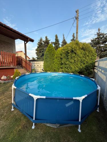 a large blue tub sitting in the grass at Agroturystyka Kobylnica nad Wisłą in Kobylnica