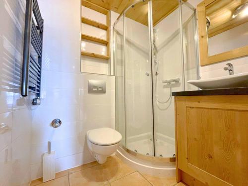 une salle de bain avec une douche, des toilettes et un lavabo dans l'établissement Appartement de charme pour 4 avec terrasse, parking et WiFi - St Martin de Belleville - FR-1-452-193, à Saint-Martin-de-Belleville