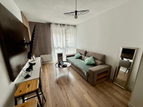 un salon avec un canapé et une table dans l'établissement T2 design centre Aucamville - Clim-Parking, à Aucamville