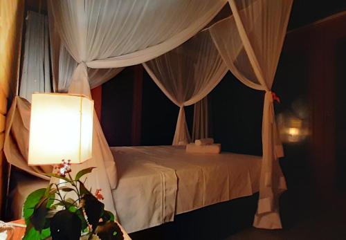 a bedroom with a bed with curtains and a lamp at Bangalô do Pôr do Sol Moreré in Moreré