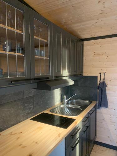 a kitchen with a sink and a wooden counter at Cottage with sauna and kayaks in Hammarland