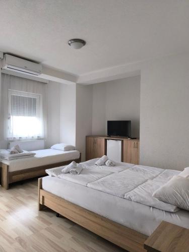 a bedroom with two beds and a flat screen tv at Boutique Villa Aura Ohrid in Ohrid
