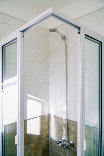 a shower with a glass door in a bathroom at Femiba in El Calafate