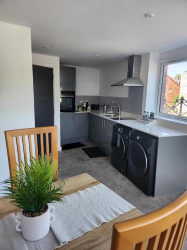 a kitchen with a washer and dryer in a room at Posyrooms Apartment in Stalybridge