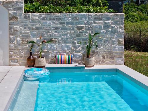 a swimming pool with two potted plants next to a stone wall at Pool 4 Leisure Dubrovnik in Dubrovnik