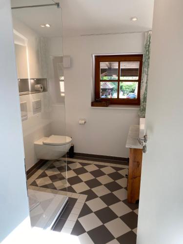 a bathroom with a toilet and a glass shower door at Ferienhof Trapp in Ellringen