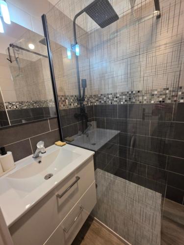 une salle de bain avec un lavabo blanc et une douche dans l'établissement Saint Mandrier Pin Rolland Studio Climatisé 2 pers parking plage pinède, tout à pied, à Saint-Mandrier-sur-Mer