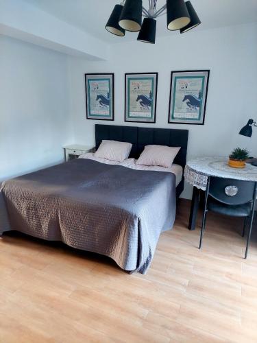 a bedroom with a large bed and a table at Happy Horse Sosnowa Góra 