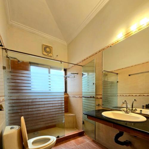 a bathroom with a sink and a toilet and a mirror at Eden Grove Villa in Rawalpindi