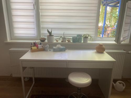 einen weißen Schreibtisch in einem Zimmer mit Fenster in der Unterkunft Dein Rückzugsort in der Pfalz in Ruppertsberg