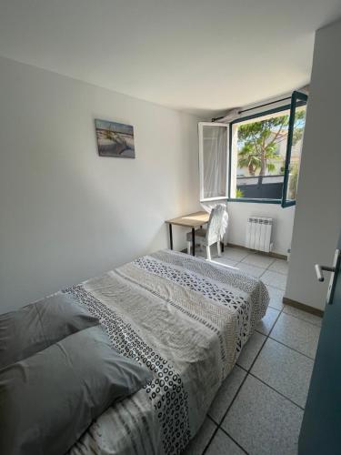 ein Schlafzimmer mit einem Bett, einem Schreibtisch und einem Fenster in der Unterkunft La Largatera in Frontignan