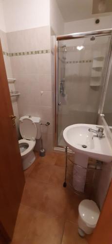 une salle de bain avec toilettes, lavabo et douche dans l'établissement Sognu di Mare - Plage, piscine, farniente, à Linguizzetta