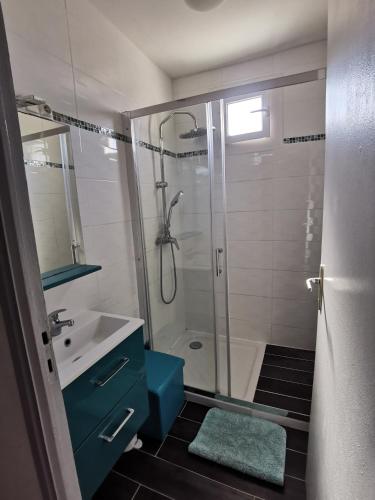 une salle de bain avec douche et lavabo dans l'établissement Pavillon T3 proche de la plage TERRASSE GARAGE PARKING, à Port-la-Nouvelle