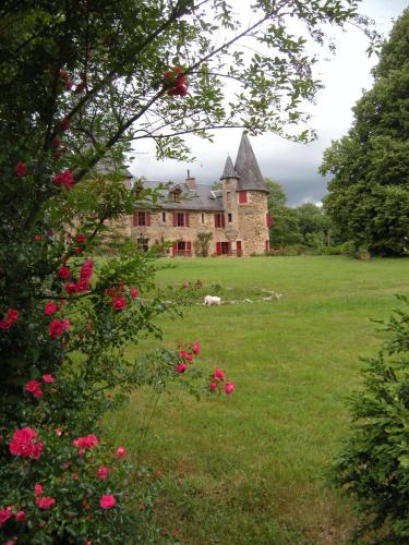 une vieille maison dans un champ avec des roses roses dans l'établissement Chateau de Bellefond, à Lagraulière