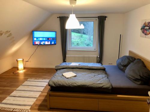 a bedroom with a bed and a tv on the wall at Ferien im Schwarzwald Freiamt in Freiamt