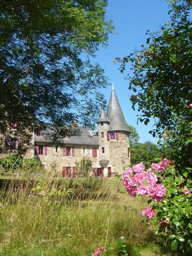un vieux château avec une tour et des fleurs roses dans l'établissement Chateau de Bellefond, à Lagraulière