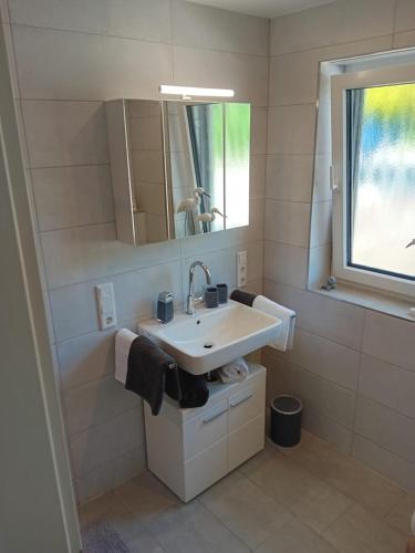 a bathroom with a sink and a mirror at Ferienhaus Jannik in Hüde