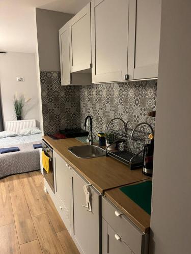 een keuken met witte kasten en een spoelbak bij Modern flat in Vilnius
