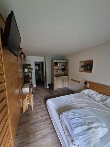 a bedroom with a bed and a flat screen tv at Joli studio au pied des pistes in Villard-de-Lans