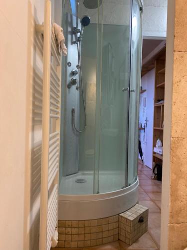 une douche avec une porte vitrée dans une salle de bain dans l'établissement Studio Climatisé Hyper Centre Ajaccio, à Ajaccio