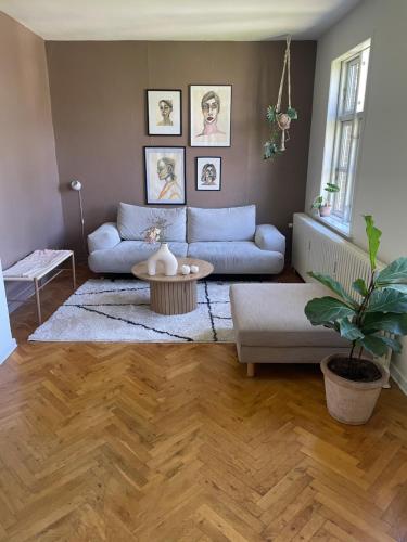 a living room with a couch and a table at Byhus på klaregade in Odense