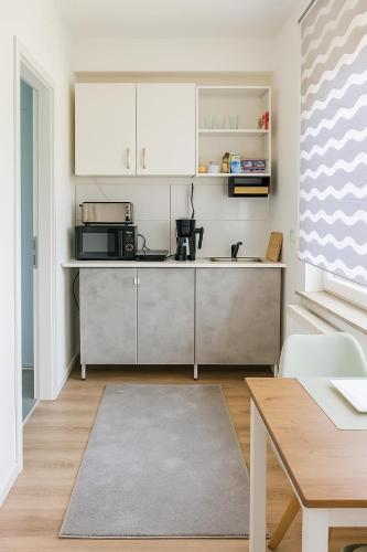 a kitchen with white cabinets and a microwave at City Apartment in Siegen Parkplatz WLAN Autobahn in Siegen