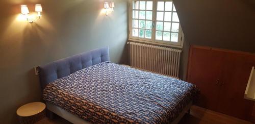 une chambre avec un lit avec une couette bleue et une fenêtre dans l'établissement Ty Denise, à La Celle-sous-Gouzon