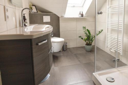 a bathroom with a sink and a toilet and a shower at 100 qm DG Wohnung 《Kehr wieder》Bexbach Saarland in Bexbach