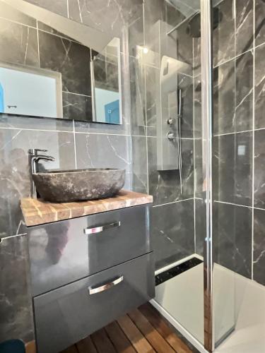 a bathroom with a sink and a shower at Charmant duplex Béziers les Halles in Béziers