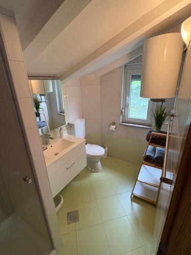 a bathroom with a toilet and a sink and a window at Apartment Maja in Dobrinj