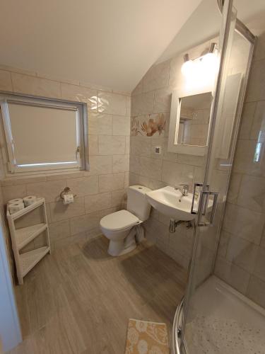 a bathroom with a toilet and a sink and a shower at Bursztyn in Rewal