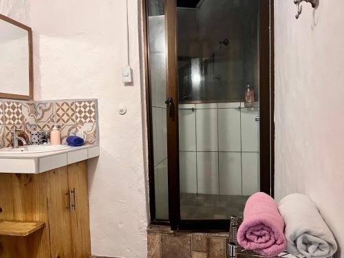 a bathroom with a sink and a shower with pink towels at Kika Zaru Free park tour, massage and breakfast in Quepos