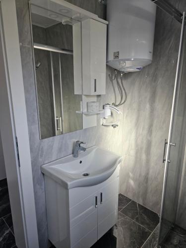 a bathroom with a white sink and a mirror at Deluxe House Aqua Una in Otoka