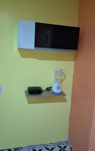 a vase sitting on a shelf next to a microwave at Apto C com cozinha em Macapá in Macapá