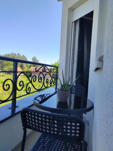 a balcony with a table and chairs on a balcony at Apartman Lola Palić II in Palić