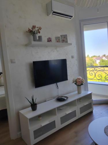 a living room with a flat screen tv on a wall at Apartman Lola Palić II in Palić