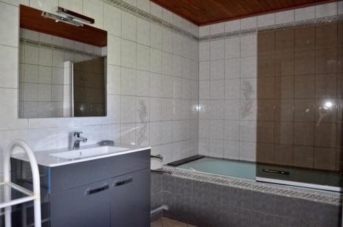 La Celle-sous-GouzonにあるEntre Lot et Dordogne maison 10 personnes avec piscineの浴槽、洗面台、鏡のあるバスルーム