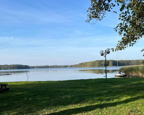 a park with a bench and a lake at Rusałka Domki Rodzinne in Rudno