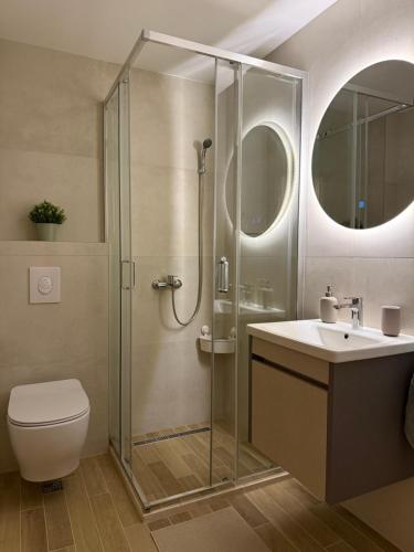 a bathroom with a shower and a toilet and a sink at Apartmani Stefanos - Jaz in Budva