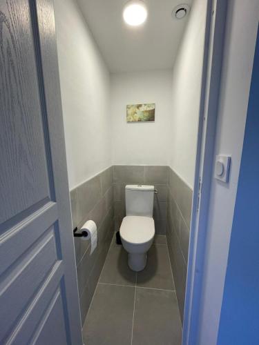 a small bathroom with a toilet and a door at Au cocon des promenades in Pesmes